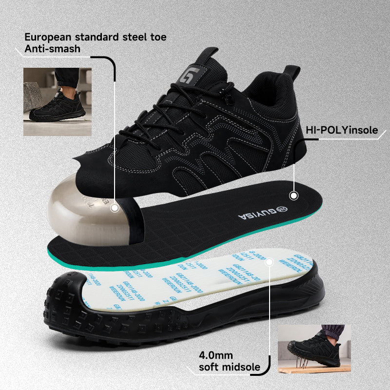 GUYISA 5082S-1 Black Low Top All-Season Hiking Safety Shoes, EU Steel Toe Anti-Smash Anti-Puncture, Solid Dual Density PU Outsole, Microfiber Steel Wire Cloth Fly Woven Mesh Work Footwear