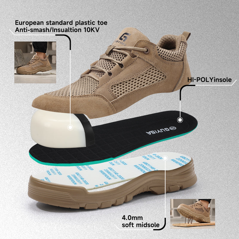 GUYISA 5115LKVT-1 Low Top Summer Safety Shoes | 10KV Insulated Composite Toe Anti-Smash Anti-Puncture, Brown Suede Fly Knit Dual Density Solid PU Sole