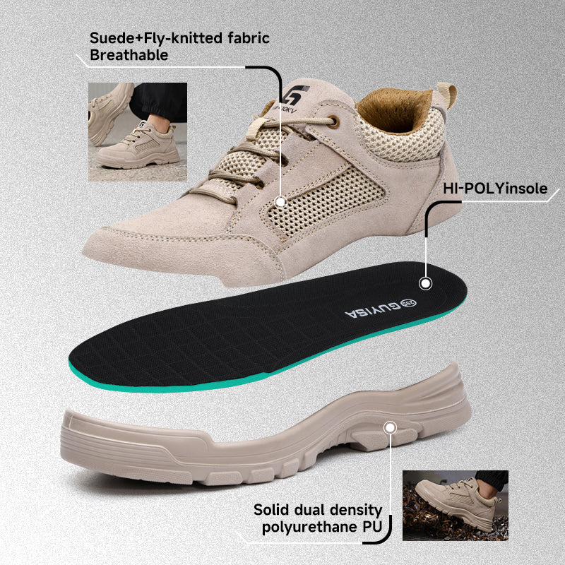 GUYISA New Summer Low-top Work Safety Shoes, 10KV Insulated, No Toe Cap & Midsole, Solid Dual-Density PU Outsole, Suede & Fly Woven Fabric, Beige with High-Elastic Foam