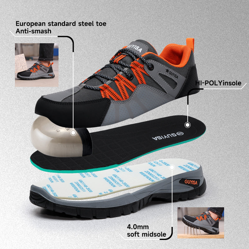GUYISA 1105S New Gray Hiking Safety Work Shoes, European Standard Steel Toe, 4.0mm Kevlar Anti-Puncture Midsole, Solid Dual Density PU Outsole, Microfiber & Steel Wire Cloth & Fly Woven Mesh, Hapoli Insole Anti-Smash Labor Safety Boots