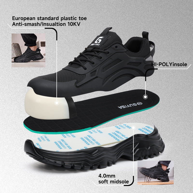 GUYISA 6085KV Low Top Safety Sneakers, 10KV Insulated Fiberglass Composite Toe Work Shoes, Rubber Plastic Outsole, Breathable Fly Knit Mesh Black Dad Style All Season Safety Shoes