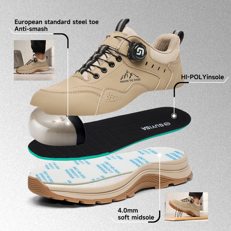 GUYISA 5039S-1 Khaki Low Top All-Season Work Safety Shoes, EU Steel Toe Anti-Smash, Solid Dual Density PU Outsole, Microfiber Steel Wire Cloth & Sandwich Mesh Labor Footwear