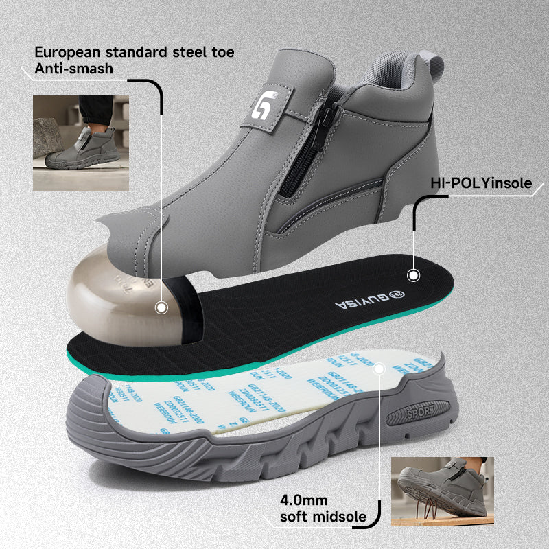GUYISA 6078GY Grey Work Safety Shoes, EU Steel Toe Anti-Smash Anti-Puncture Rubber Sole Microfiber Upper