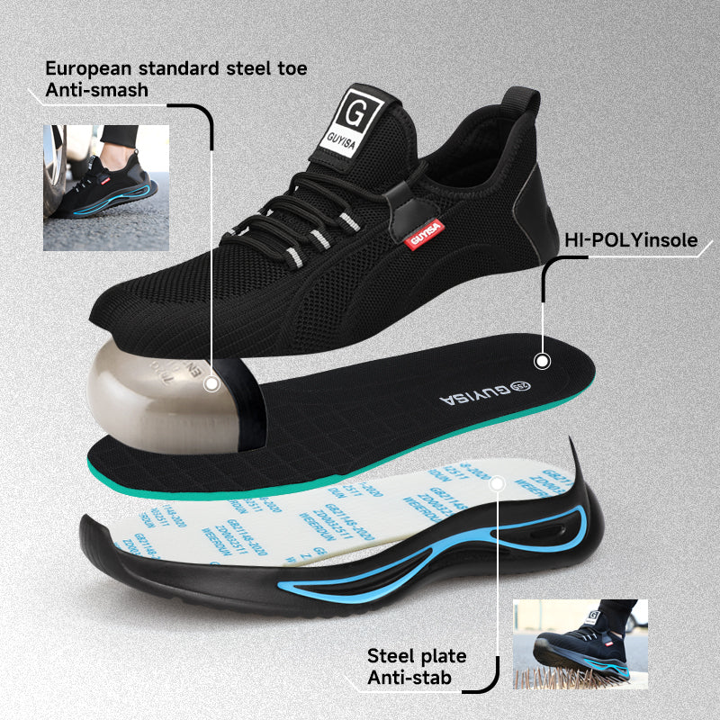 GUYISA 2138S Black Low Top All-Season Sport Safety Shoes, EU Steel Toe & Steel Anti-Puncture Plate, Dual Density PU Sole, Microfiber Fly Knit Sandwich Mesh Work Sneakers Hot Seller