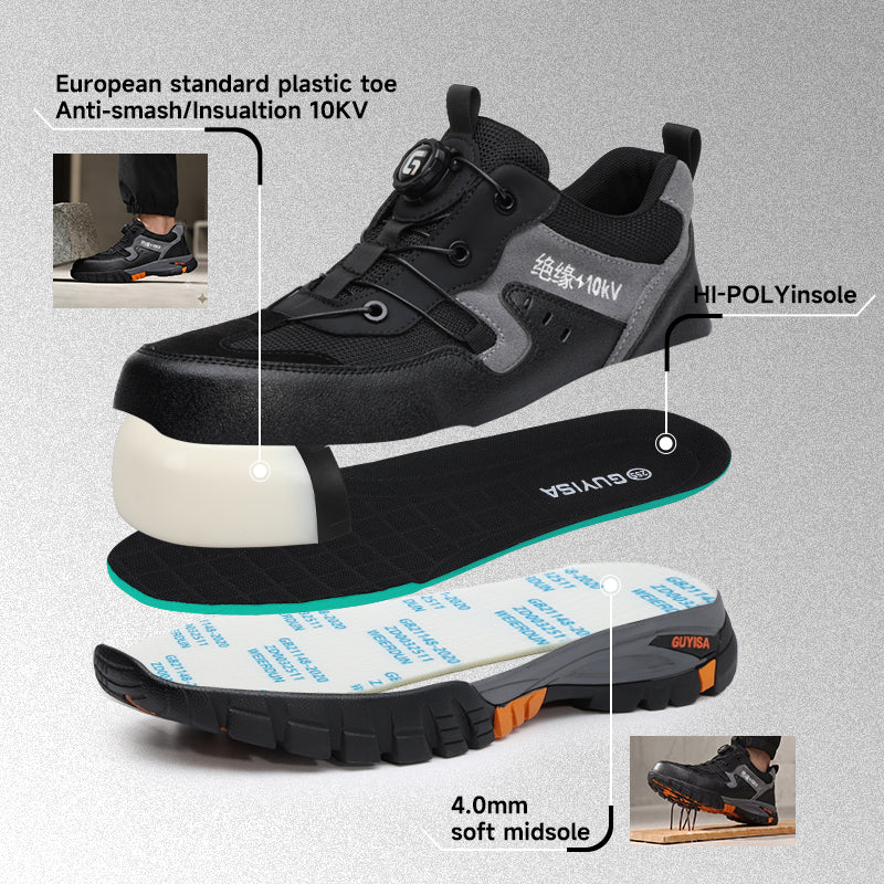 Black Hiking Work Safety Shoes GUYISA 1109KV-2, EU Composite Toe 10KV Insulation Anti-Smash Puncture-Proof Rubber Outsole