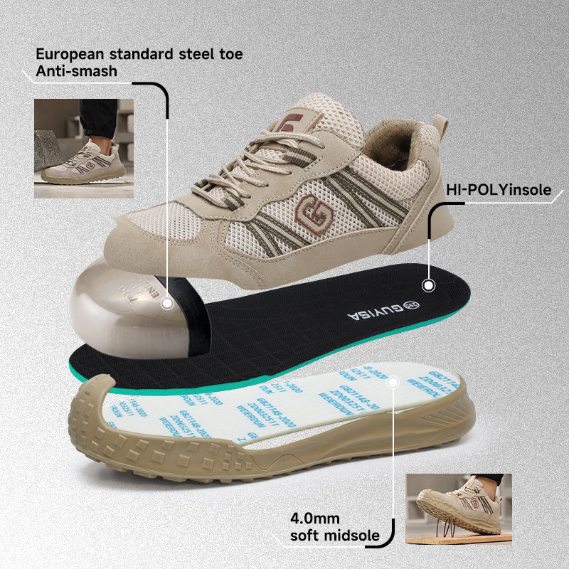 GUYISA 6087 Khaki All-Season Work Safety Shoes, EU Standard Steel Toe Anti-Smashing, Solid Dual-Density PU Outsole, Breathable Sandwich Mesh & Microfiber Upper with Hi-Poly Insole