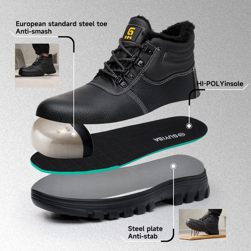 GUYISA 1077M Classic Safety Work Shoes, Black Split Leather, EU Steel Toe & Steel Midsole, Anti-Smash Anti-Puncture Anti-Static, SRA Slip Resistant Rubber Outsole, Warm Wool Composite Hi-Poly Insole