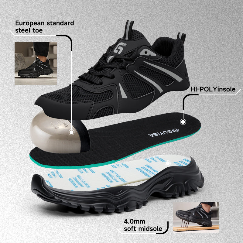 GUYISA 6079 Dad Style Safety Shoes, EU Steel Toe, Puncture-Proof, Rubber-Plastic Outsole, Microfiber & Steel Wire Mesh Upper