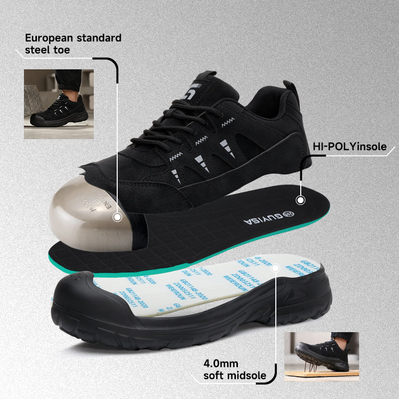 GUYISA 6080BK Hiking Safety Shoes EU Steel Toe Anti-Smashing Rubber Sole Microfiber Work Footwear