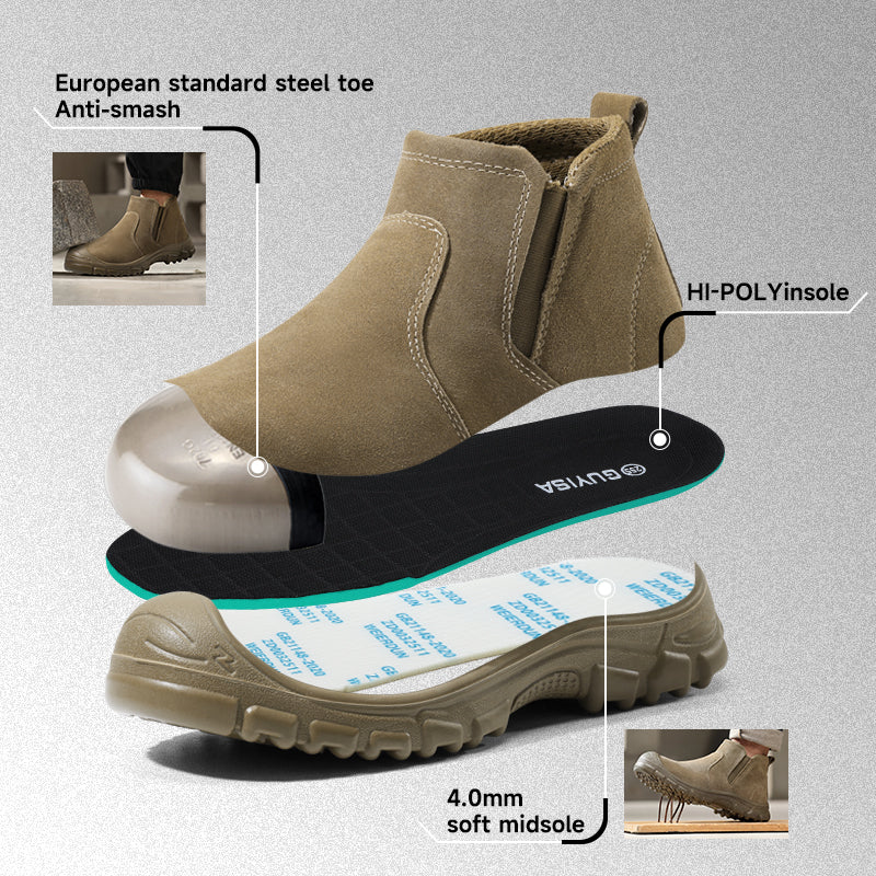 GUYISA 6060 Welding Safety Shoes, EU Steel Toe, Puncture-Proof, Solid Dual-Density PU Sole, Suede Leather Upper
