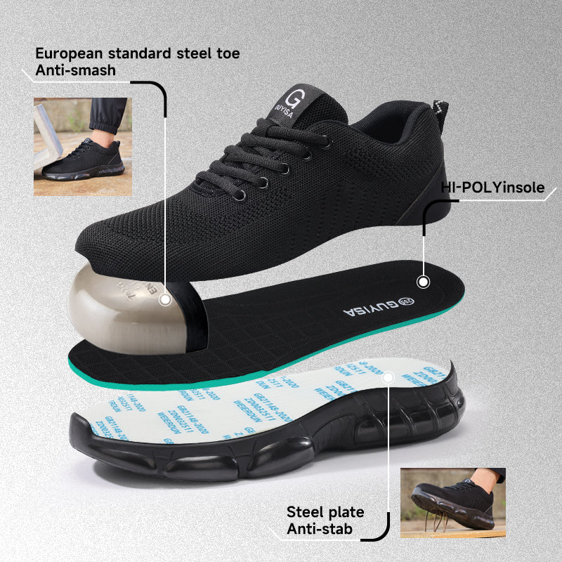 GUYISA 3033S Black Low Top All-Season Sport Safety Shoes, EU Steel Toe & Steel Anti-Puncture Plate, Solid Dual Density PU Outsole, Microfiber Fly Woven Mesh Work Sneakers Hot Seller