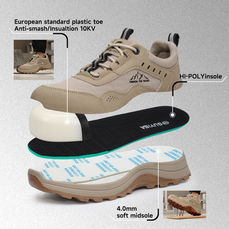 Khaki Industrial Work Safety Shoes GUYISA 5039FSKV, EU Composite Toe 10KV Insulation Anti-Smash Anti-Puncture Microfiber Upper Solid Dual Density PU Outsole