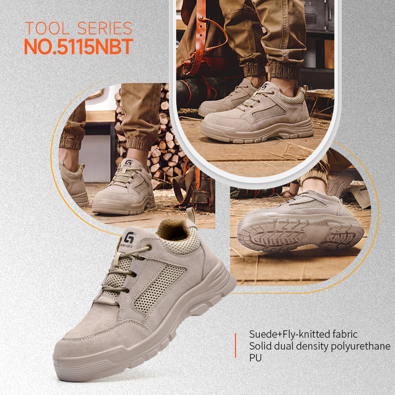 GUYISA New Summer Low-top Work Safety Shoes, 10KV Insulated, No Toe Cap & Midsole, Solid Dual-Density PU Outsole, Suede & Fly Woven Fabric, Beige with High-Elastic Foam