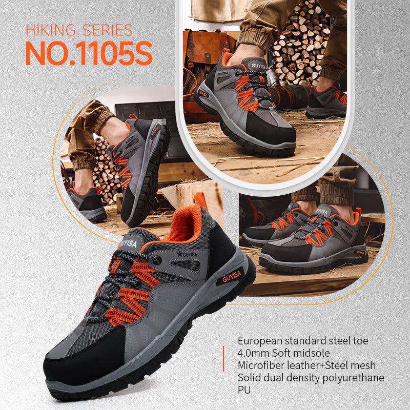 GUYISA 1105S New Gray Hiking Safety Work Shoes, European Standard Steel Toe, 4.0mm Kevlar Anti-Puncture Midsole, Solid Dual Density PU Outsole, Microfiber & Steel Wire Cloth & Fly Woven Mesh, Hapoli Insole Anti-Smash Labor Safety Boots