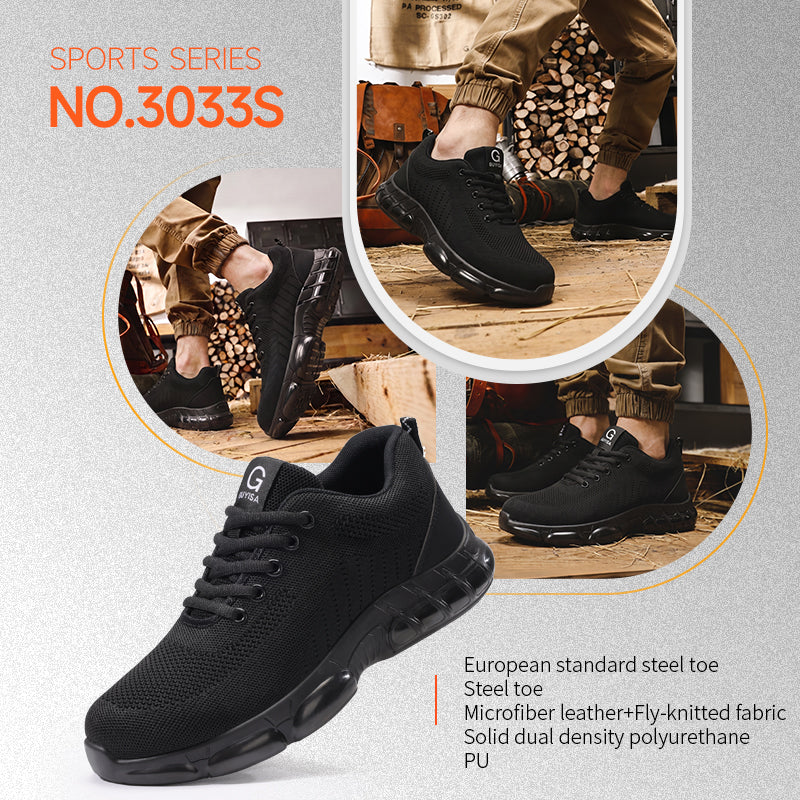 GUYISA 3033S Black Low Top All-Season Sport Safety Shoes, EU Steel Toe & Steel Anti-Puncture Plate, Solid Dual Density PU Outsole, Microfiber Fly Woven Mesh Work Sneakers Hot Seller