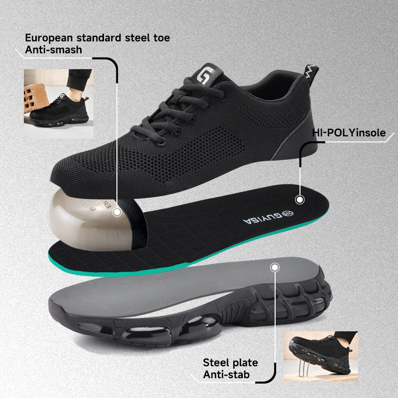 GUYISA  3033ST Summer Sport Safety Work Shoes, EU‑Standard Steel Toe Cap and Steel Penetration‑Resistant Plate, Solid Dual‑Density PU Sole, Fly‑Knit Mesh & Microfiber Upper, Black Breathable Hyperlite Safety Shoes