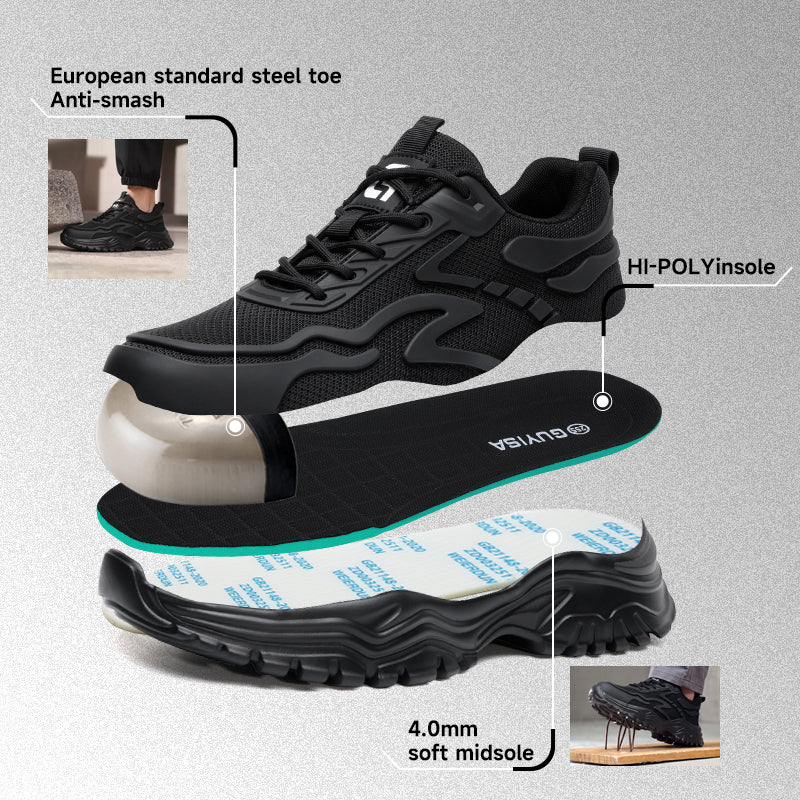 GUYISA 6099 Low‑cut New Dad‑style Safety Shoes for Men, Black Fly‑Woven Mesh Upper With KPU Patch, European‑Standard Steel Toe Anti‑Smash Anti‑Puncture Rubber‑Plastic Sole, High‑Elastic Sponge, Four‑Season Industrial Work Footwear