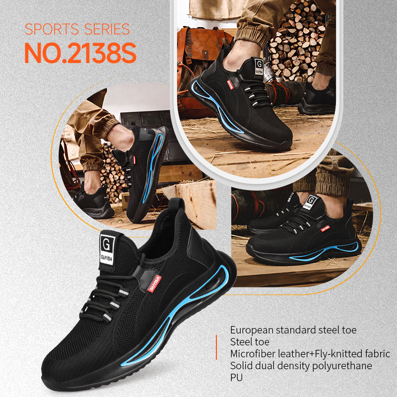 GUYISA 2138S Black Low Top All-Season Sport Safety Shoes, EU Steel Toe & Steel Anti-Puncture Plate, Dual Density PU Sole, Microfiber Fly Knit Sandwich Mesh Work Sneakers Hot Seller