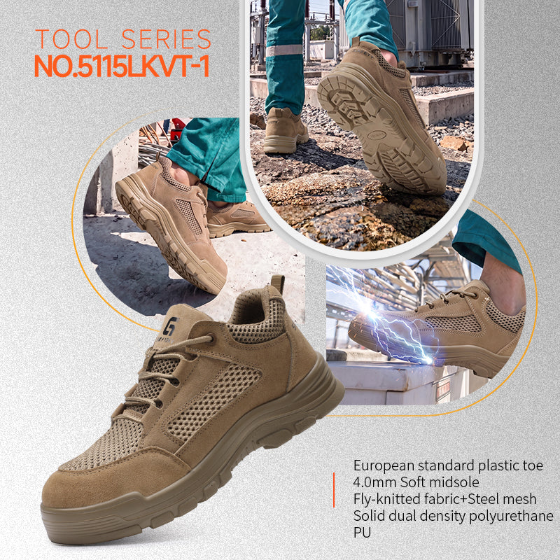GUYISA 5115LKVT-1 Low Top Summer Safety Shoes | 10KV Insulated Composite Toe Anti-Smash Anti-Puncture, Brown Suede Fly Knit Dual Density Solid PU Sole