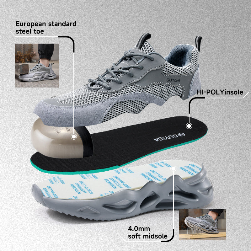 GUYISA 3157T Low Cut Summer Dad Style Safety Shoes, EU Steel Toe Anti Smash Anti Puncture, Microfiber Suede Fly Mesh, EVA Sole Grey Work Footwear