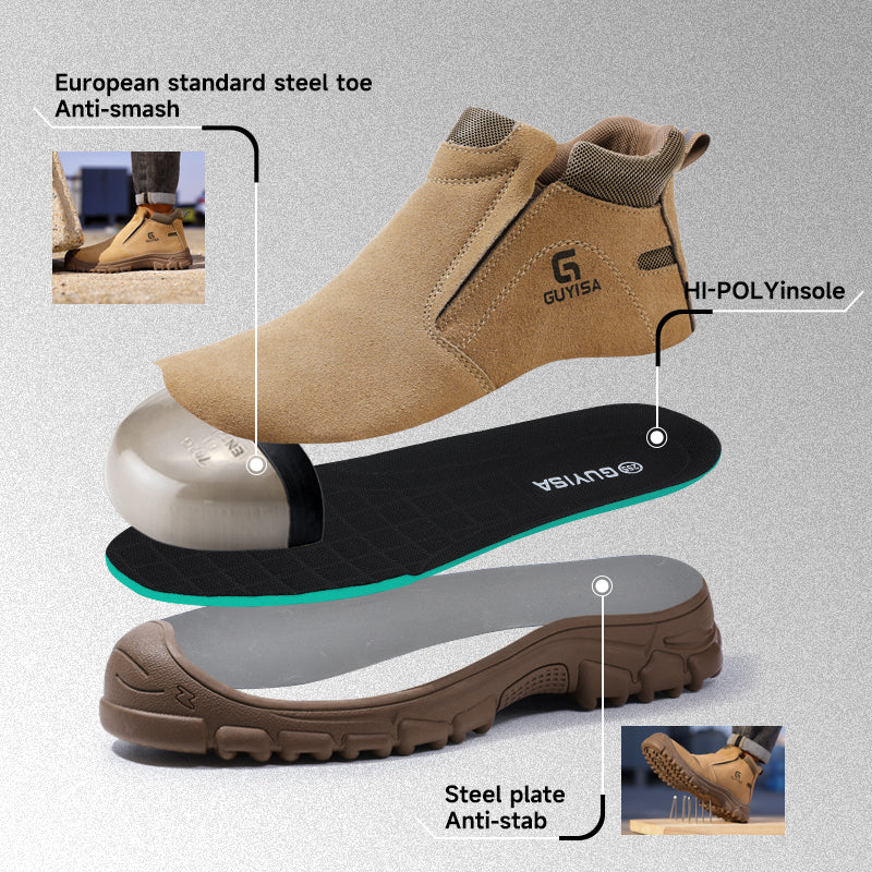 GUYISA 3025G High Top Welding Safety Shoes, Anti Smash Anti Puncture Work Shoes, EU Steel Toe & Steel Plate Sole, Rubber Outsole, Suede Leather Breathable Four Seasons Industrial Boots Brown
