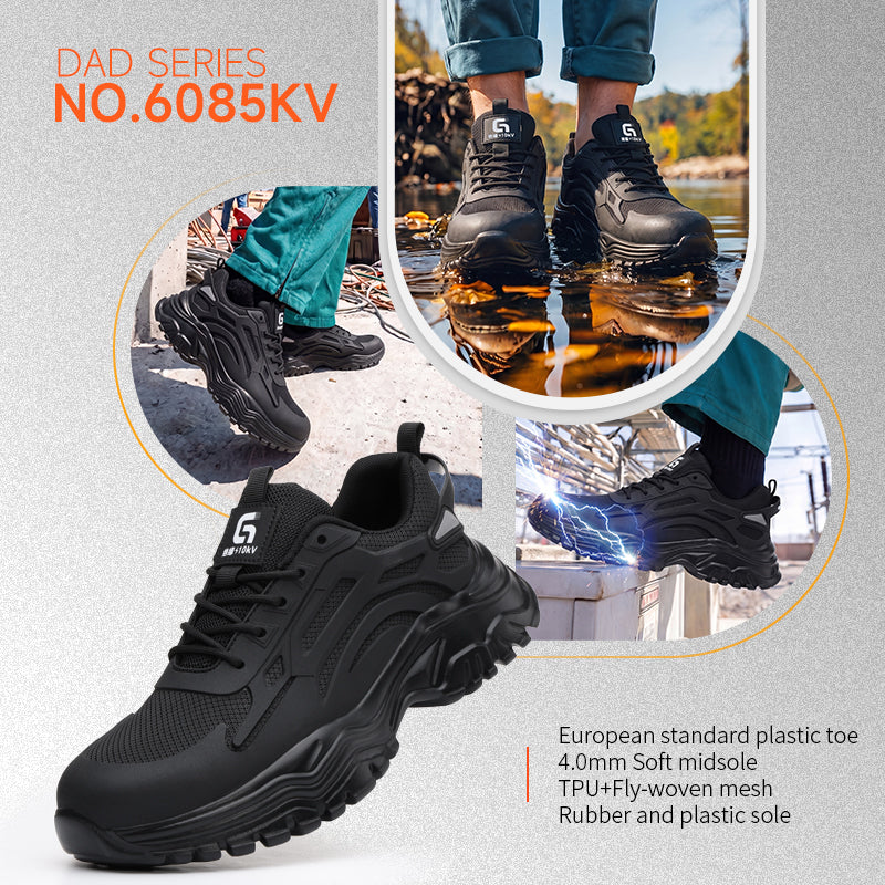 GUYISA 6085KV Low Top Safety Sneakers, 10KV Insulated Fiberglass Composite Toe Work Shoes, Rubber Plastic Outsole, Breathable Fly Knit Mesh Black Dad Style All Season Safety Shoes