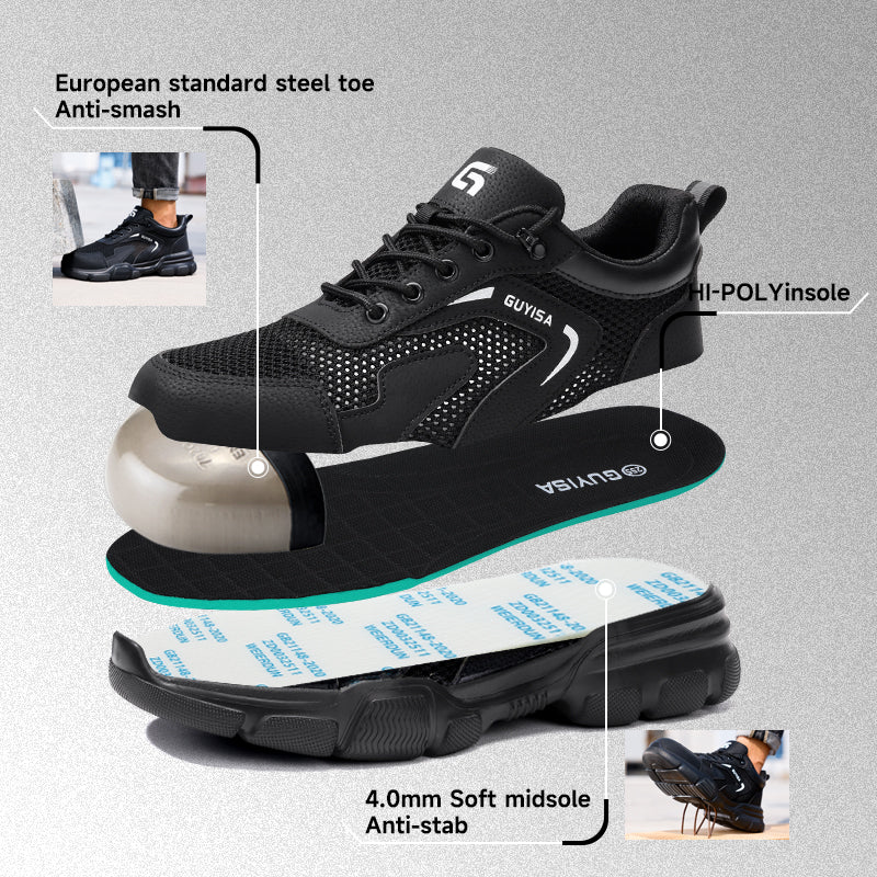 GUYISA 3013BK Low Cut Summer Safety Shoes, Anti Smash Anti Puncture Work Shoes, EU Standard Steel Toe Cap, Rubber Plastic Outsole, Microfiber & Fly Mesh Breathable Industrial Safety Footwear Black