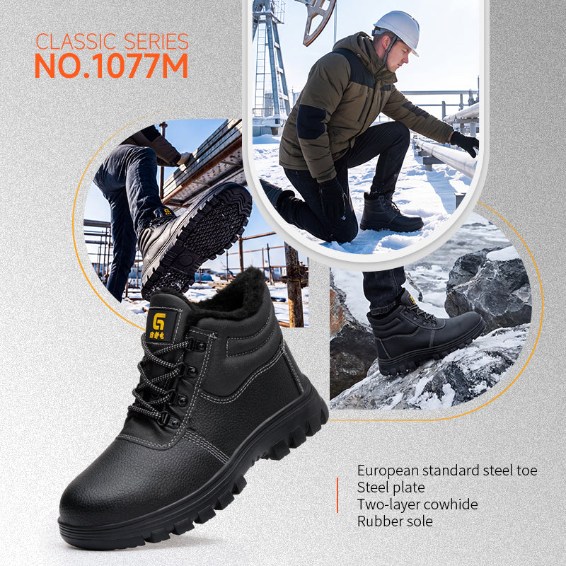 GUYISA 1077M Classic Safety Work Shoes, Black Split Leather, EU Steel Toe & Steel Midsole, Anti-Smash Anti-Puncture Anti-Static, SRA Slip Resistant Rubber Outsole, Warm Wool Composite Hi-Poly Insole
