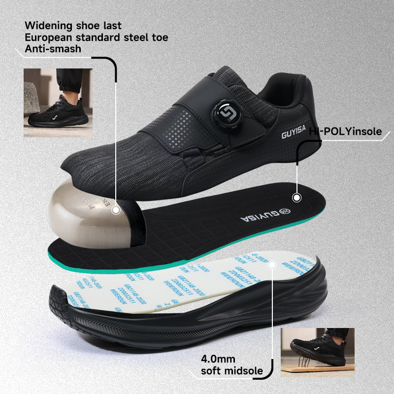 GUYISA 6096 Low‑Cut Safety Shoes, Four‑Season Sport‑Style Work Footwear, European Standard Steel Toe Cap, Anti‑Smash Anti‑Puncture, Rubber‑Plastic Outsole, Steel Wire & Fly‑Knit Mesh Upper, High‑Elastic Sponge Lining, Black New Safety Work Shoes