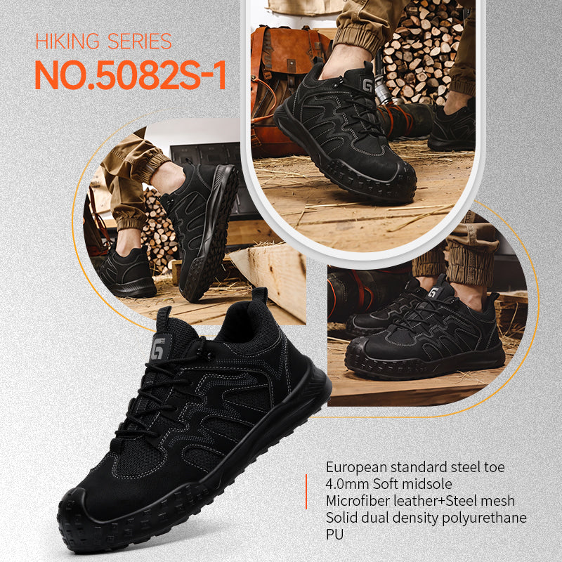 GUYISA 5082S-1 Black Low Top All-Season Hiking Safety Shoes, EU Steel Toe Anti-Smash Anti-Puncture, Solid Dual Density PU Outsole, Microfiber Steel Wire Cloth Fly Woven Mesh Work Footwear