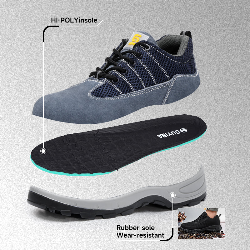 GUYISA 1125A Anti‑static Safety Work Shoes, Breathable Fly‑Knit Upper, Rubber Sole, Black Hyperlite & Sandwich Mesh Four‑Season Casual Sport Safety Shoes Without Toe Cap and Mid‑plate