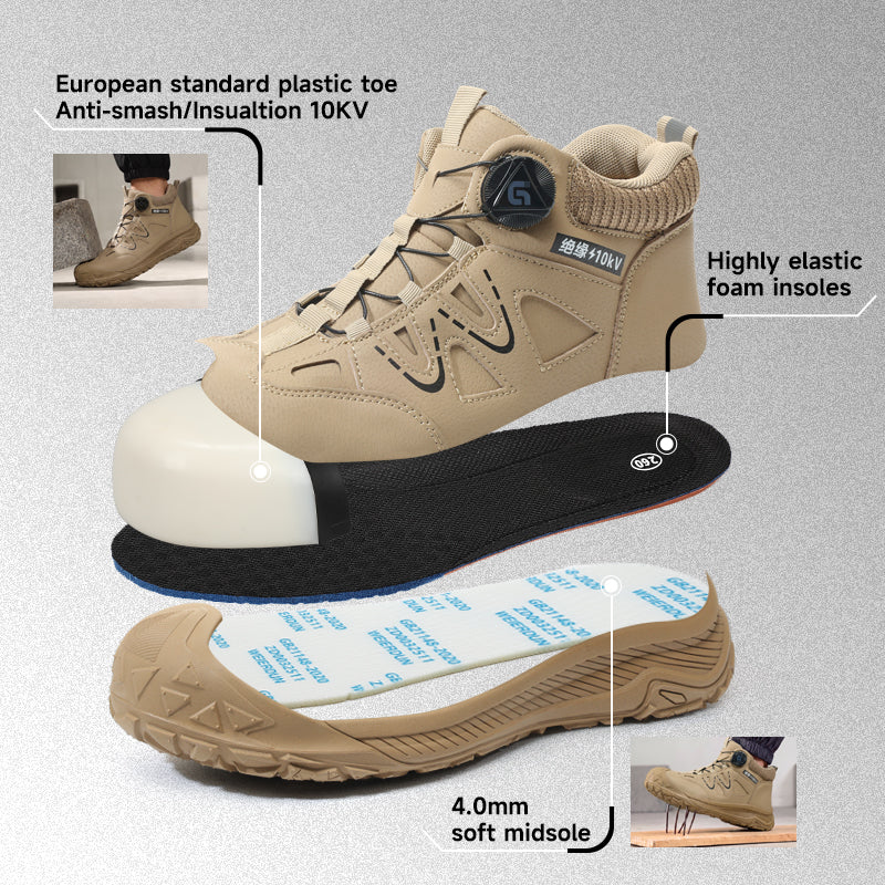 GUYISA 5052KV safety shoes All‑Season Hiking Work Footwear Composite Toe 10KV Insulated Anti‑Smash Anti‑Puncture Khaki Microfiber Fly‑Weave Fabric Rubber Outsole