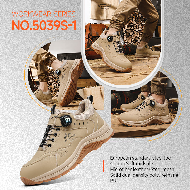 GUYISA 5039S-1 Khaki Low Top All-Season Work Safety Shoes, EU Steel Toe Anti-Smash, Solid Dual Density PU Outsole, Microfiber Steel Wire Cloth & Sandwich Mesh Labor Footwear