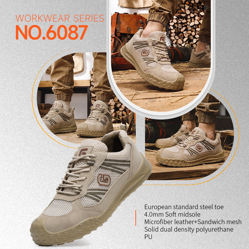 GUYISA 6087 Khaki All-Season Work Safety Shoes, EU Standard Steel Toe Anti-Smashing, Solid Dual-Density PU Outsole, Breathable Sandwich Mesh & Microfiber Upper with Hi-Poly Insole