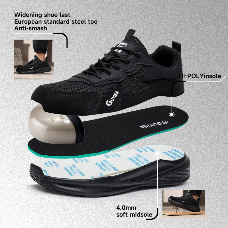 GUYISA 6097 Low‑cut New Sport‑Style Safety Shoes for Men, Black Fly‑Woven Mesh & Microfiber Upper With Steel Wire Fabric, EU‑Standard Steel Toe Anti‑Smash Anti‑Puncture Rubber‑Plastic Sole, High‑Elastic Sponge, Four‑Season Industrial Work Footwear