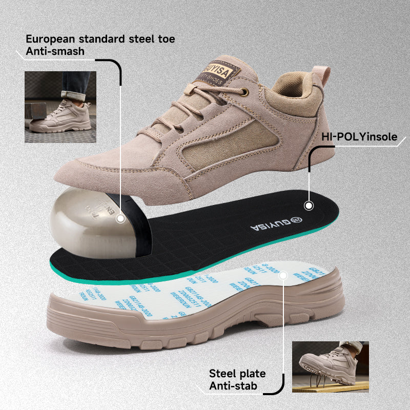 GUYISA 5115BN Low Cut Safety Work Shoes, Anti Smash Anti Puncture Industrial Footwear, EU Steel Toe & Steel Plate, Double Density Solid PU Sole, Suede Canvas Fly Mesh Breathable Four Seasons Shoes Khaki