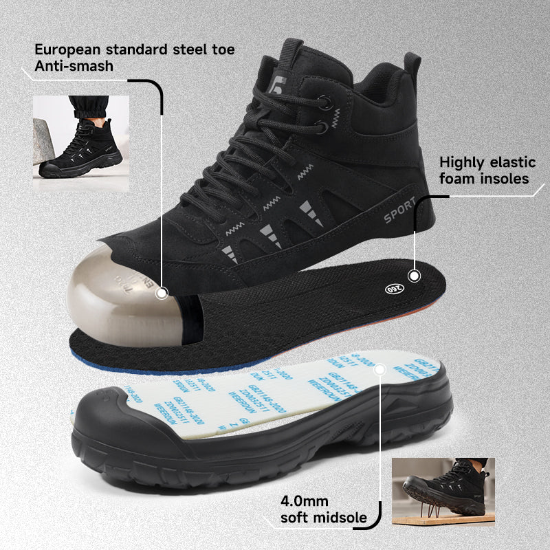 GUYISA 6080GBK Safety Boot, Work Series Euro Standard Steel Toe Anti‑Smash Anti‑Puncture, Rubber‑Plastic Outsole Microfiber Fly Mesh Black All‑Season New Work Footwear