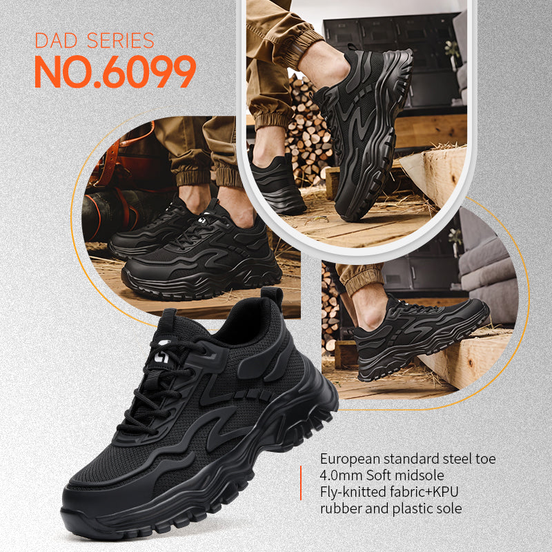 GUYISA 6099 Low‑cut New Dad‑style Safety Shoes for Men, Black Fly‑Woven Mesh Upper With KPU Patch, European‑Standard Steel Toe Anti‑Smash Anti‑Puncture Rubber‑Plastic Sole, High‑Elastic Sponge, Four‑Season Industrial Work Footwear