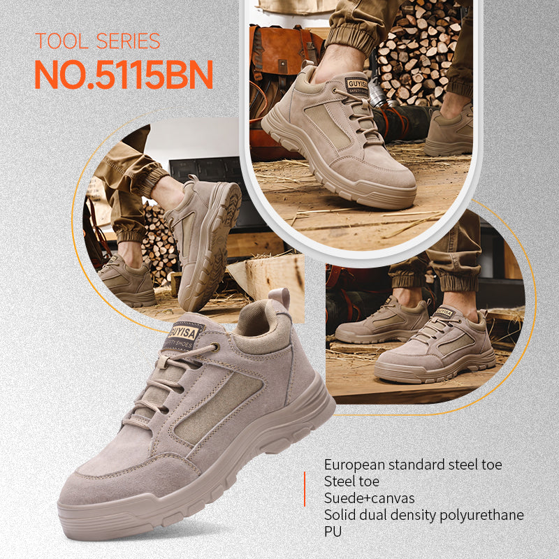 GUYISA 5115BN Low Cut Safety Work Shoes, Anti Smash Anti Puncture Industrial Footwear, EU Steel Toe & Steel Plate, Double Density Solid PU Sole, Suede Canvas Fly Mesh Breathable Four Seasons Shoes Khaki