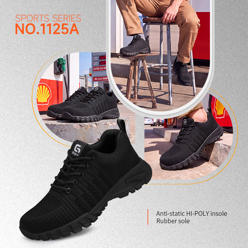 GUYISA 1125A Anti‑static Safety Work Shoes, Breathable Fly‑Knit Upper, Rubber Sole, Black Hyperlite & Sandwich Mesh Four‑Season Casual Sport Safety Shoes Without Toe Cap and Mid‑plate