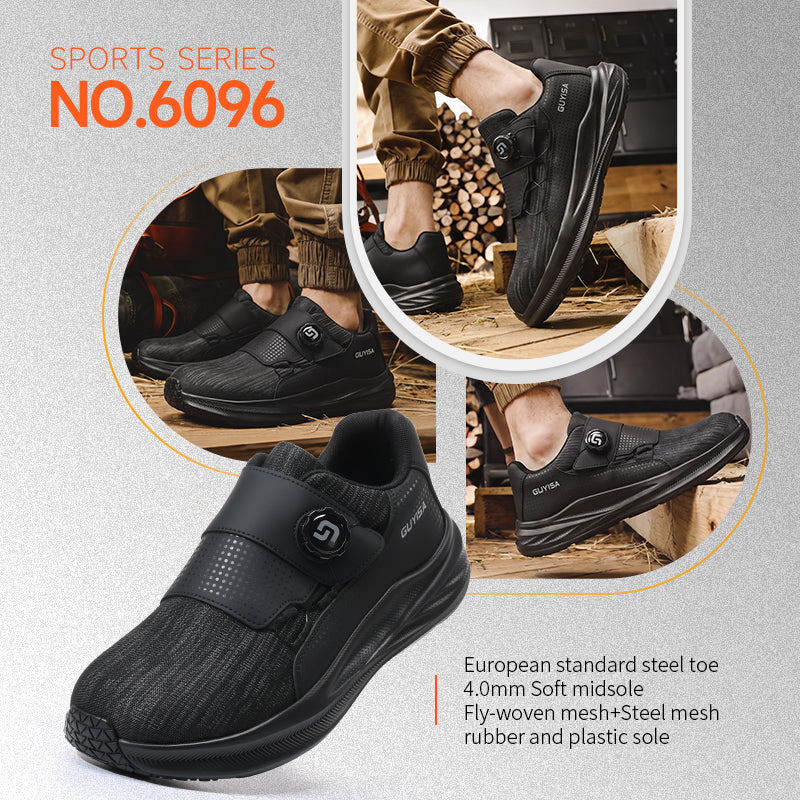 GUYISA 6096 Low‑Cut Safety Shoes, Four‑Season Sport‑Style Work Footwear, European Standard Steel Toe Cap, Anti‑Smash Anti‑Puncture, Rubber‑Plastic Outsole, Steel Wire & Fly‑Knit Mesh Upper, High‑Elastic Sponge Lining, Black New Safety Work Shoes