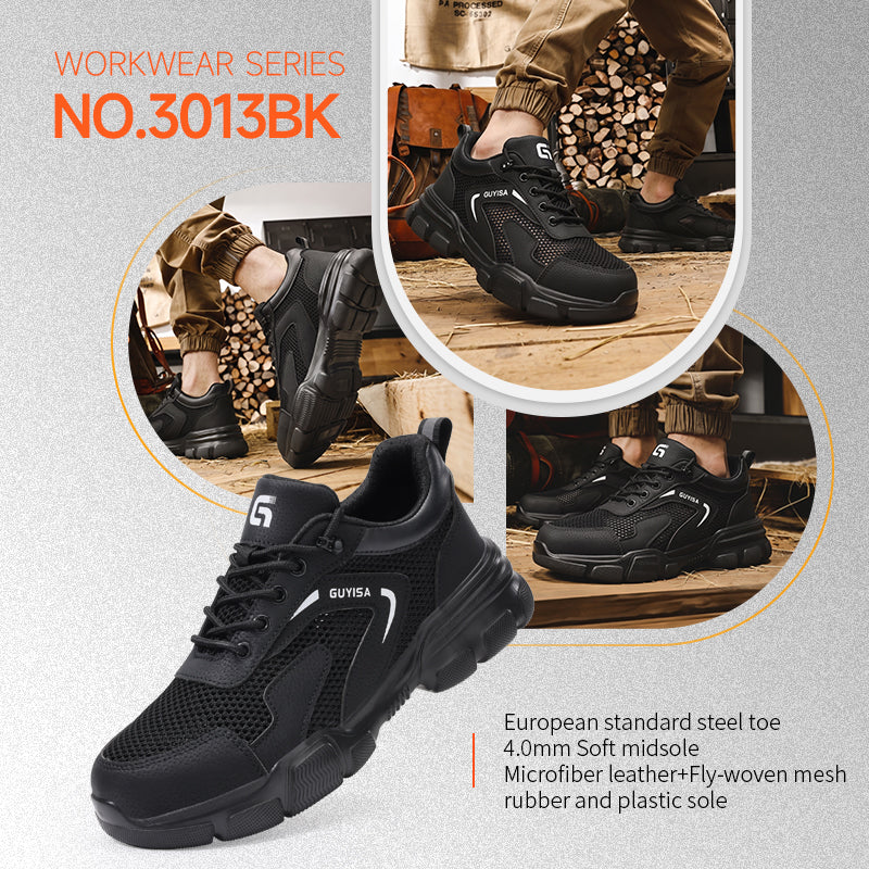 GUYISA 3013BK Low Cut Summer Safety Shoes, Anti Smash Anti Puncture Work Shoes, EU Standard Steel Toe Cap, Rubber Plastic Outsole, Microfiber & Fly Mesh Breathable Industrial Safety Footwear Black