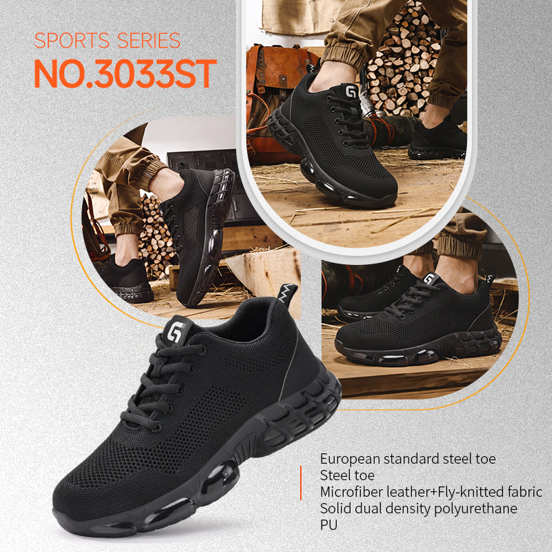 GUYISA  3033ST Summer Sport Safety Work Shoes, EU‑Standard Steel Toe Cap and Steel Penetration‑Resistant Plate, Solid Dual‑Density PU Sole, Fly‑Knit Mesh & Microfiber Upper, Black Breathable Hyperlite Safety Shoes