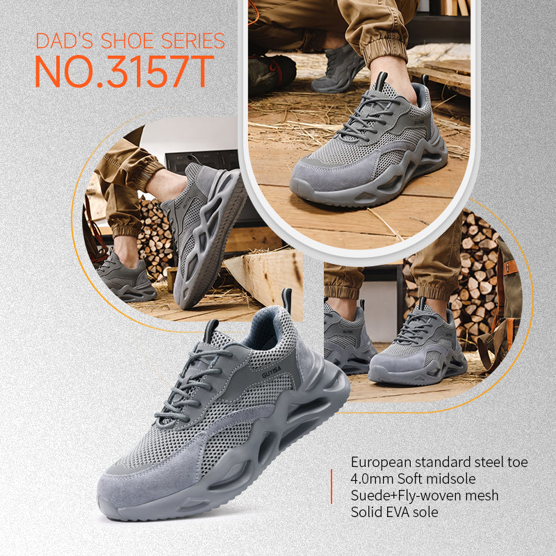 GUYISA 3157T Low Cut Summer Dad Style Safety Shoes, EU Steel Toe Anti Smash Anti Puncture, Microfiber Suede Fly Mesh, EVA Sole Grey Work Footwear