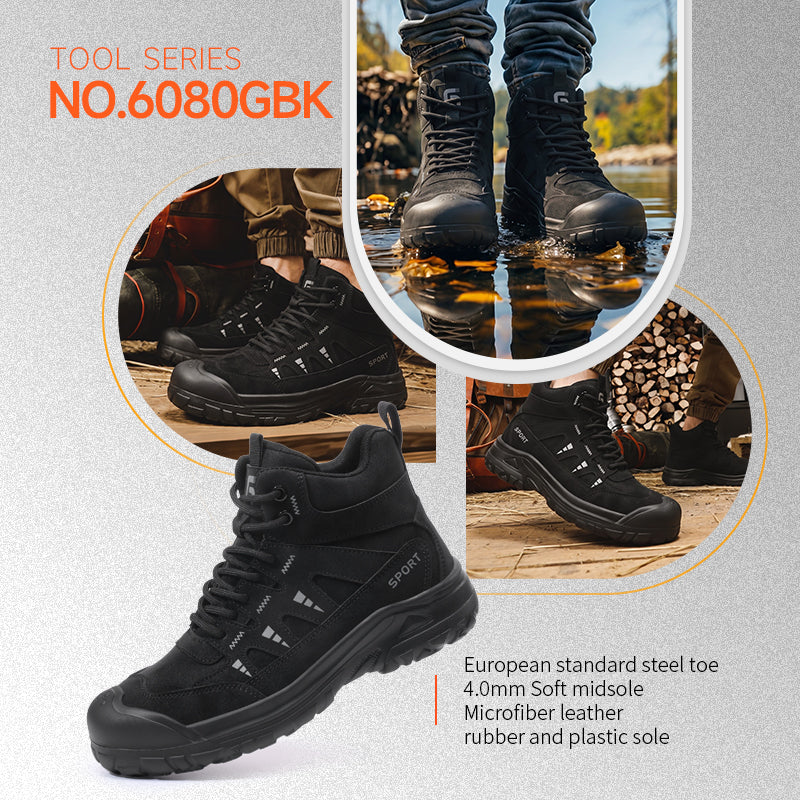 GUYISA 6080GBK Safety Boot, Work Series Euro Standard Steel Toe Anti‑Smash Anti‑Puncture, Rubber‑Plastic Outsole Microfiber Fly Mesh Black All‑Season New Work Footwear
