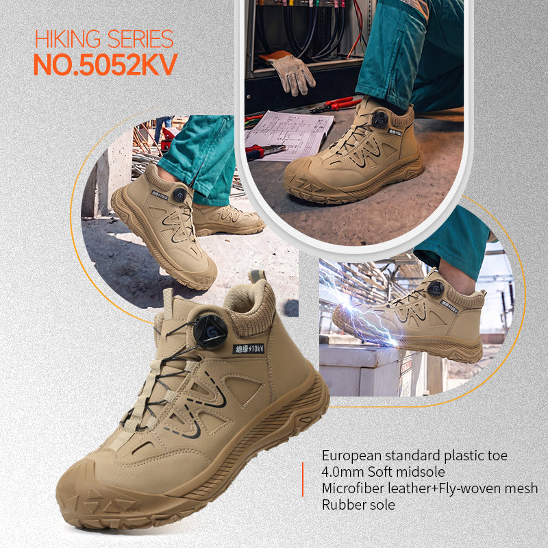 GUYISA 5052KV safety shoes All‑Season Hiking Work Footwear Composite Toe 10KV Insulated Anti‑Smash Anti‑Puncture Khaki Microfiber Fly‑Weave Fabric Rubber Outsole