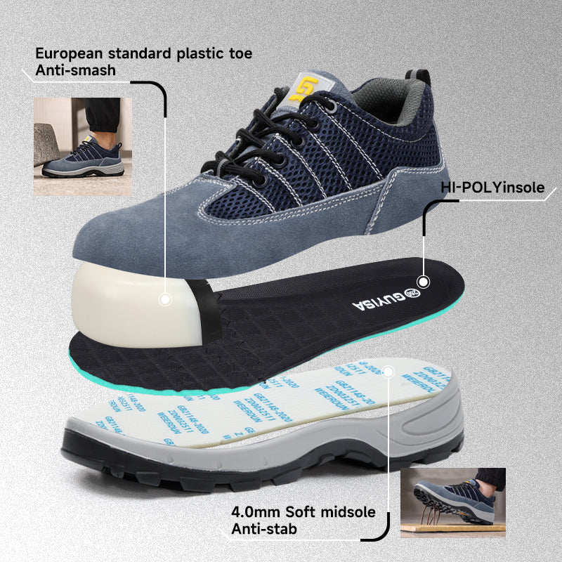GUYISA 2156A Low Cut Safety Shoes, Anti Smash Anti Puncture Anti Static Work Shoes, EU Standard Plastic Toe Cap, Double Density Solid PU Sole, Suede & Fly Mesh Breathable Four Seasons Industrial Safety Footwear Blue