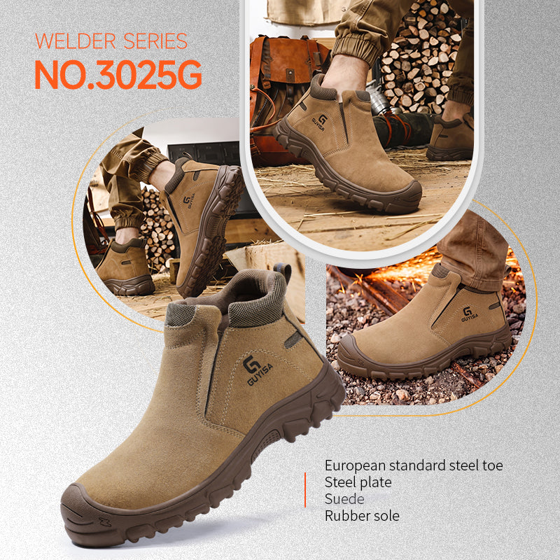 GUYISA 3025G High Top Welding Safety Shoes, Anti Smash Anti Puncture Work Shoes, EU Steel Toe & Steel Plate Sole, Rubber Outsole, Suede Leather Breathable Four Seasons Industrial Boots Brown