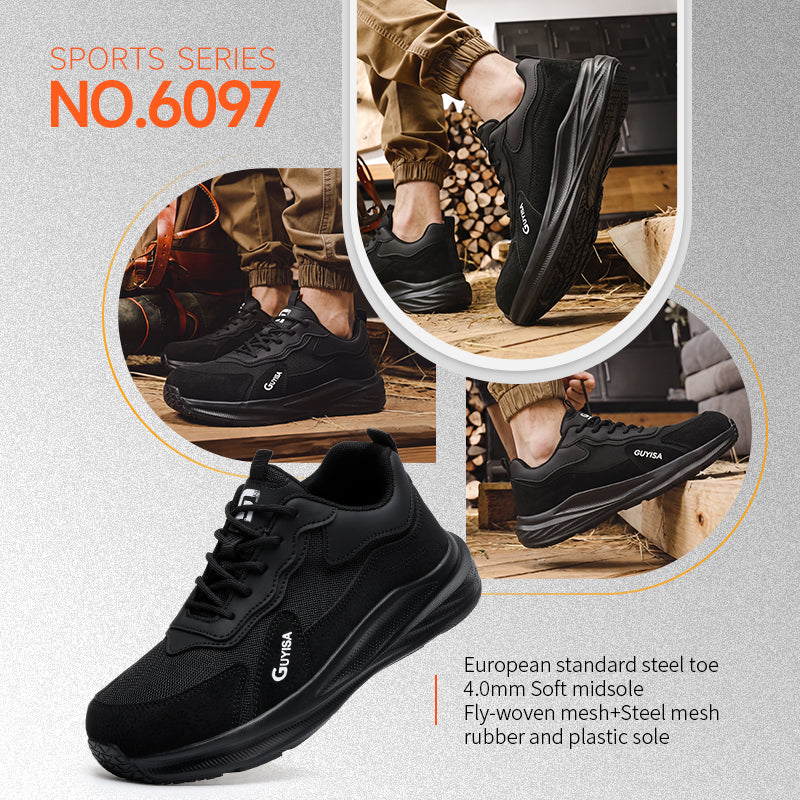 GUYISA 6097 Low‑cut New Sport‑Style Safety Shoes for Men, Black Fly‑Woven Mesh & Microfiber Upper With Steel Wire Fabric, EU‑Standard Steel Toe Anti‑Smash Anti‑Puncture Rubber‑Plastic Sole, High‑Elastic Sponge, Four‑Season Industrial Work Footwear